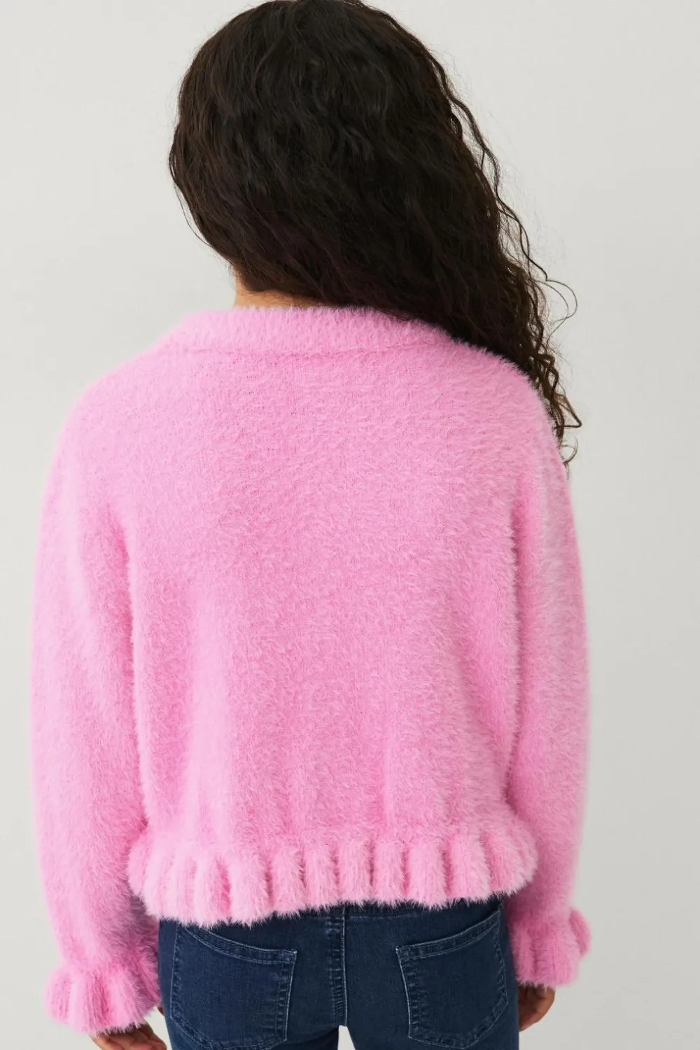 Ellos Trøjer & Cardigans>Collection Strikket trøje med flæser rosa