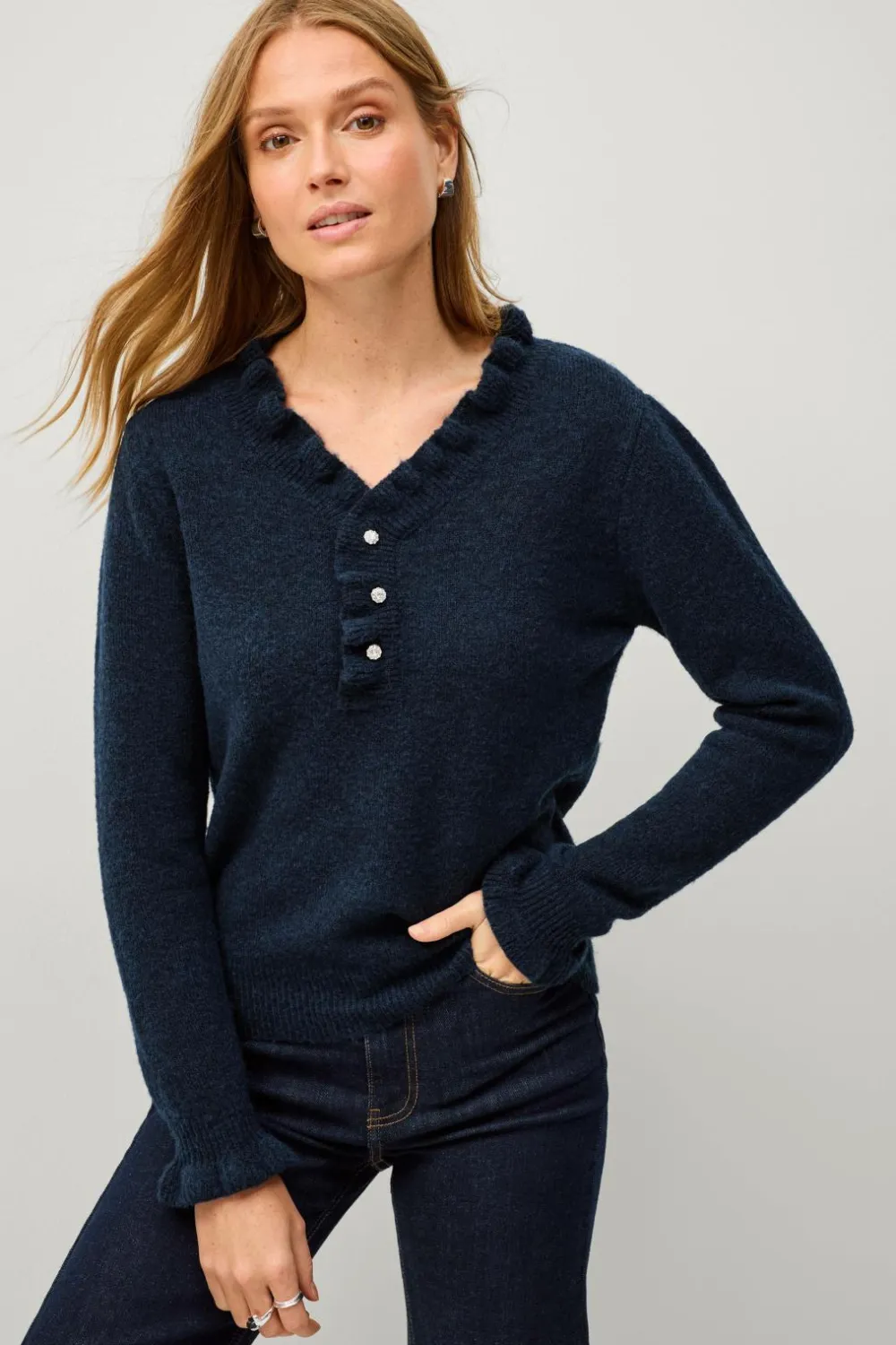 Ellos Collection Strikket trøje med flæsedetaljer Mørkeblå Sale