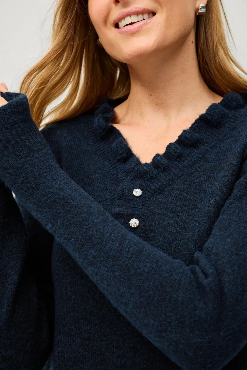 Ellos Collection Strikket trøje med flæsedetaljer Mørkeblå Sale