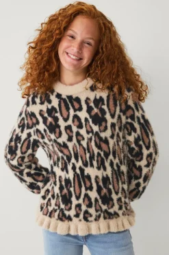 Ellos Collection Strikket trøje med flæser leopardmønstret Discount