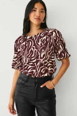 Ellos Collection Top med pufærmer Bordeaux cremefarvet mønstret Discount