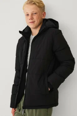 Ellos Collection Vandafvisende pufferjakke med aftagelig hætte sort Outlet