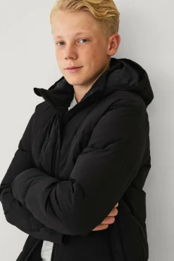 Ellos Collection Vandafvisende pufferjakke med aftagelig hætte sort Outlet