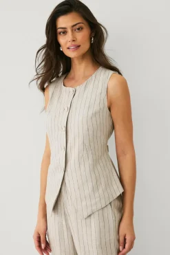 Ellos Collection Vest i hørmix Beigestribet New