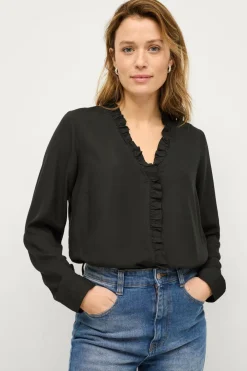 Ellos Collection Viskosebluse med flæsedetalje bluse Sort Best