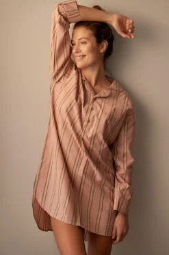 Ellos Homewear>Home Natskjorte Juliette Stripe Rosa /Brun