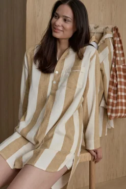 Ellos Home Natskjorte Valerie Block Stripe i bomuldsflonel Gylden brun/Cremehvid Discount