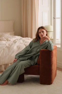 Ellos Home Pyjamasskjorte Long Sleeve Shirt Elly i genanvendt halvlinned Aquagrøn Sale