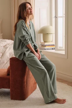 Ellos Home Pyjamasskjorte Long Sleeve Shirt Elly i genanvendt halvlinned Aquagrøn Sale