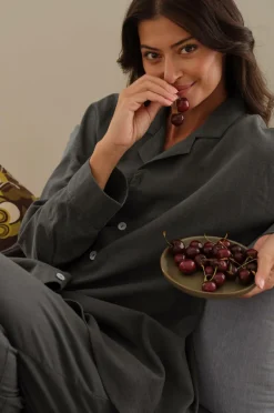 Ellos Home Pyjamasskjorte Long Sleeve Shirt Elly i genanvendt halvlinned Åskgrå Sale