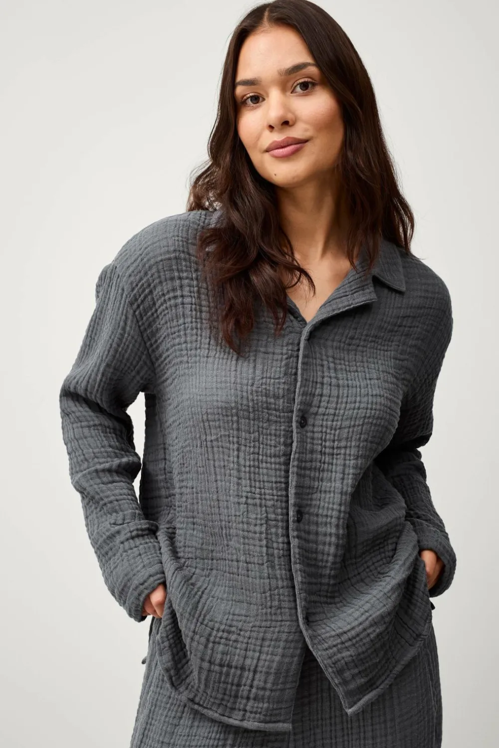 Ellos Homewear>Home Pyjamasskjorte Candela 4-layer Blågrå
