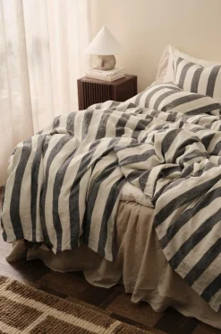 Ellos Home Sengesæt Candice Block Stripe i vasket hør, 2 dele Mørkegrå/cremefarvet Best