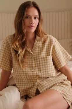 Ellos Homewear>Home Skjorte Elly Check Camp Collar i genanvendt halvlinned Guldgul