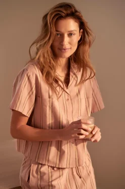 Ellos Homewear>Home Skjorte Juliette Stripe Camp Collar Rosa /Brun