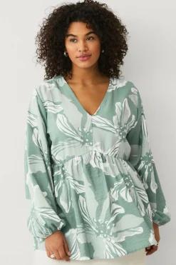 Ellos Plus collection Tunika med a-linjeform Grøn blomstret Sale