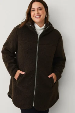 Ellos Plus collection Lang, foret fleecejakke Mørkbrun Outlet