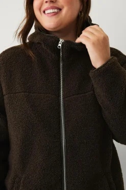 Ellos Plus collection Lang, foret fleecejakke Mørkbrun Outlet