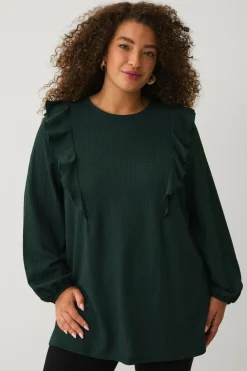 Ellos Toppe & Tank-Toppe>Plus collection Top med volanter og ballonærmer mørkgrøn