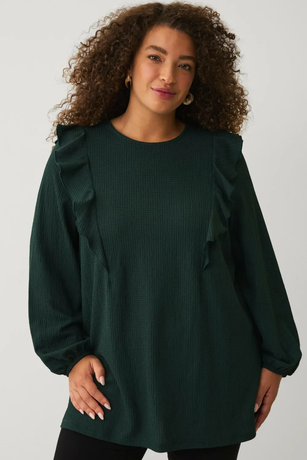 Ellos Toppe & Tank-Toppe>Plus collection Top med volanter og ballonærmer mørkgrøn