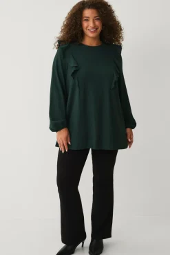 Ellos Toppe & Tank-Toppe>Plus collection Top med volanter og ballonærmer mørkgrøn