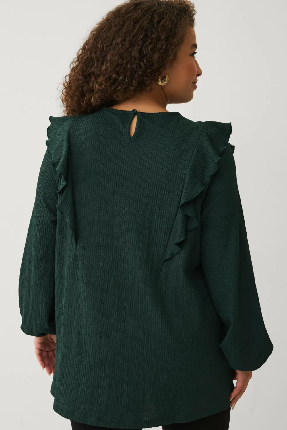 Ellos Toppe & Tank-Toppe>Plus collection Top med volanter og ballonærmer mørkgrøn