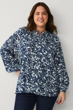 Ellos Plus collection Bluse med ballonærmer Hvid med blå blomster Outlet