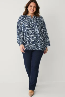 Ellos Plus collection Bluse med ballonærmer Hvid med blå blomster Outlet