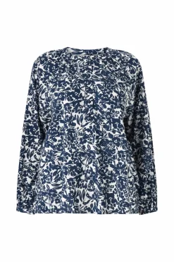 Ellos Plus collection Bluse med ballonærmer Hvid med blå blomster Outlet