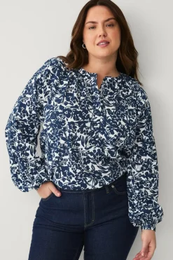 Ellos Plus collection Bluse med ballonærmer Hvid med blå blomster Outlet
