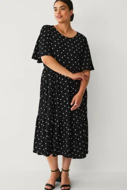 Ellos Plus collection Kjole med flæser Sort med hvid prik Online