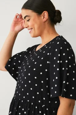 Ellos Plus collection Kjole med flæser Sort med hvid prik Online