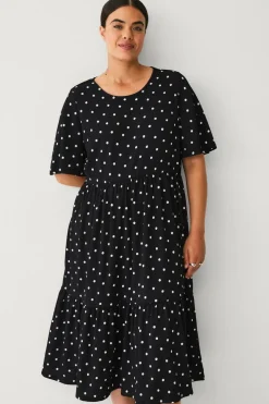 Ellos Plus collection Kjole med flæser Sort med hvid prik Online