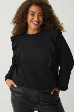 Ellos Toppe & Tank-Toppe>Plus collection Top med volanter og ballonærmer sort