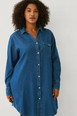 Ellos Skjorter & Bluser>Plus collection Lang cowboyskjorte Blå