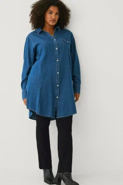 Ellos Skjorter & Bluser>Plus collection Lang cowboyskjorte Blå