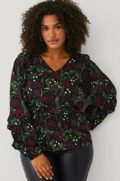Ellos Plus collection Bluse med volanter Rød blomstret Discount