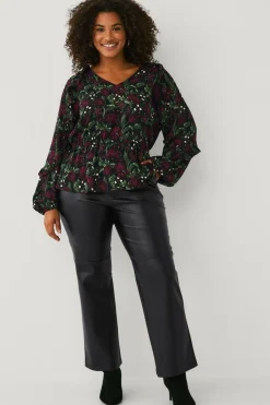 Ellos Plus collection Bluse med volanter Rød blomstret Discount