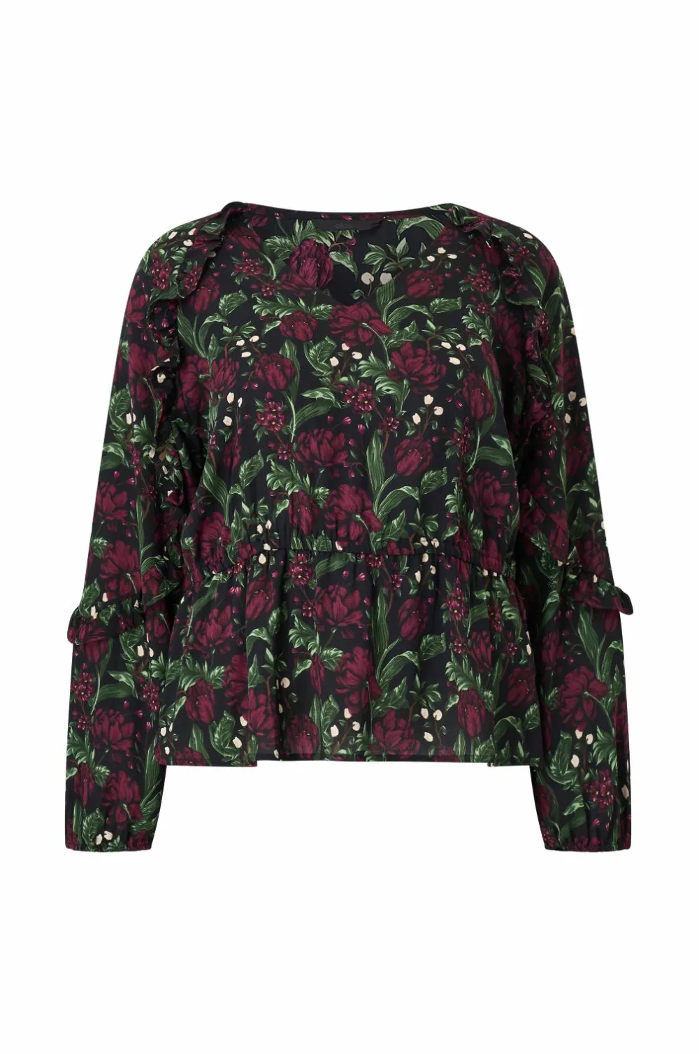 Ellos Plus collection Bluse med volanter Rød blomstret Discount
