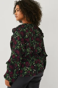 Ellos Plus collection Bluse med volanter Rød blomstret Discount
