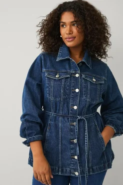 Ellos Jakker & Frakker>Plus collection Cowboyjakke med bindebælte Mørkeblå