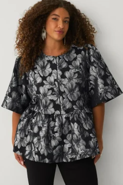 Ellos Plus collection Bluse med pufærmer sølv blommig Outlet