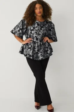 Ellos Plus collection Bluse med pufærmer sølv blommig Outlet