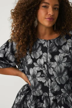 Ellos Plus collection Bluse med pufærmer sølv blommig Outlet