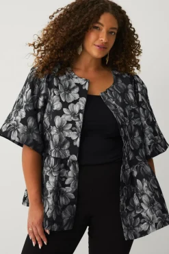 Ellos Plus collection Bluse med pufærmer sølv blommig Outlet