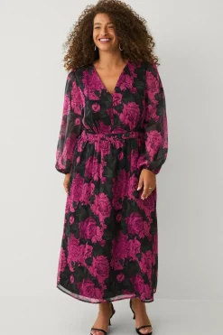 Ellos Plus collection Kjole i chiffon med ballonærme Rosa blomstret Online