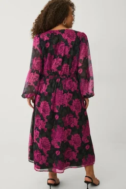 Ellos Plus collection Kjole i chiffon med ballonærme Rosa blomstret Online