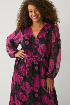 Ellos Plus collection Kjole i chiffon med ballonærme Rosa blomstret Online