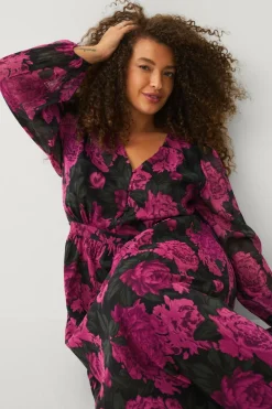 Ellos Plus collection Kjole i chiffon med ballonærme Rosa blomstret Online