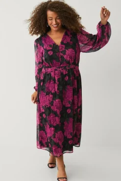 Ellos Plus collection Kjole i chiffon med ballonærme Rosa blomstret Online