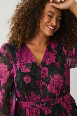 Ellos Plus collection Kjole i chiffon med ballonærme Rosa blomstret Online